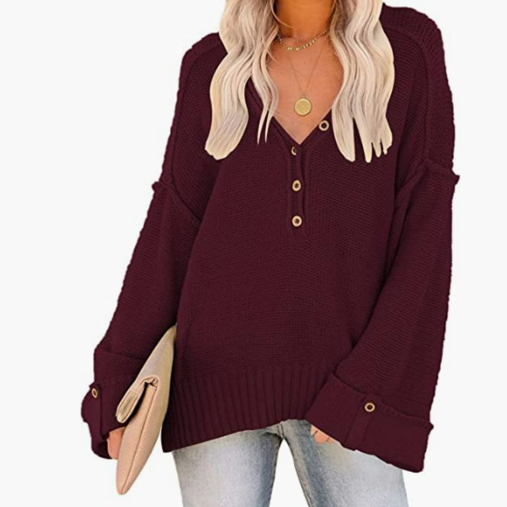 NWT Wine Burgundy Cranberry Bell Sleeve Thick Knit V Neck Slouchy Button Sweater